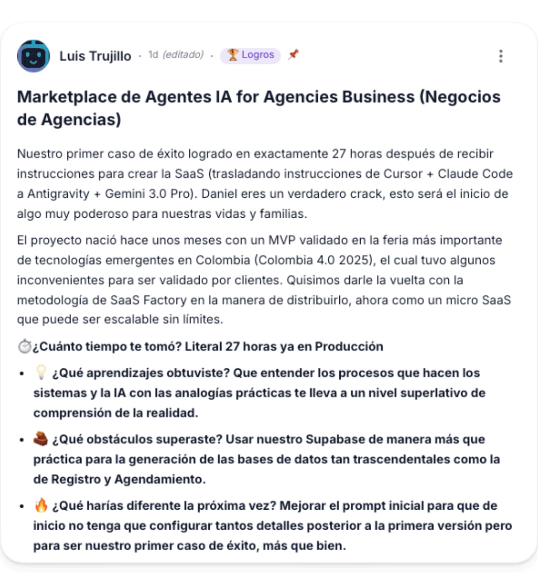 Testimonio de miembro SaaS Factory